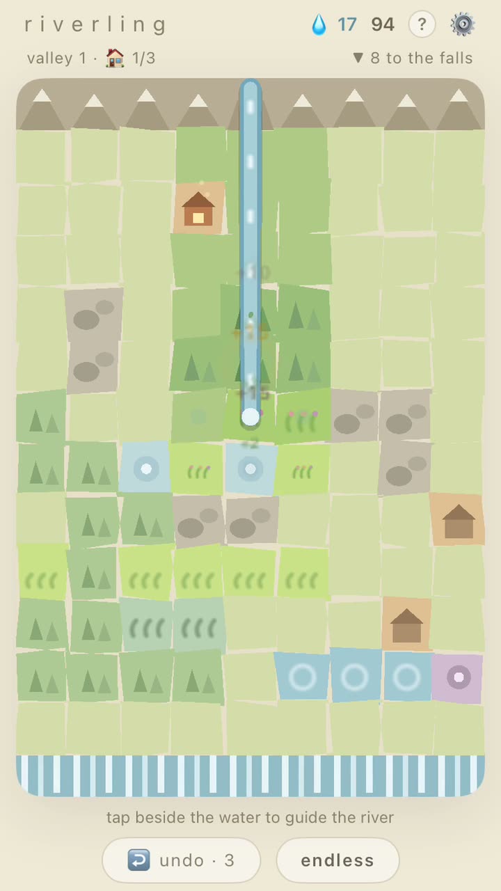Riverling gameplay: a river flowing through a tiled valley of trees, lakes, and villages